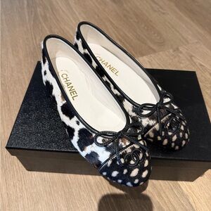 CHANEL Black and White Calf Hair Leopard Print Ballet Flats